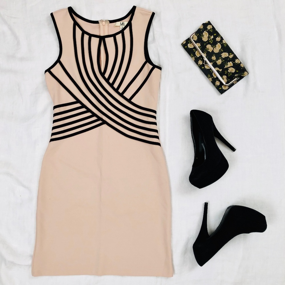 Powder pink evening dress with black ribbed design